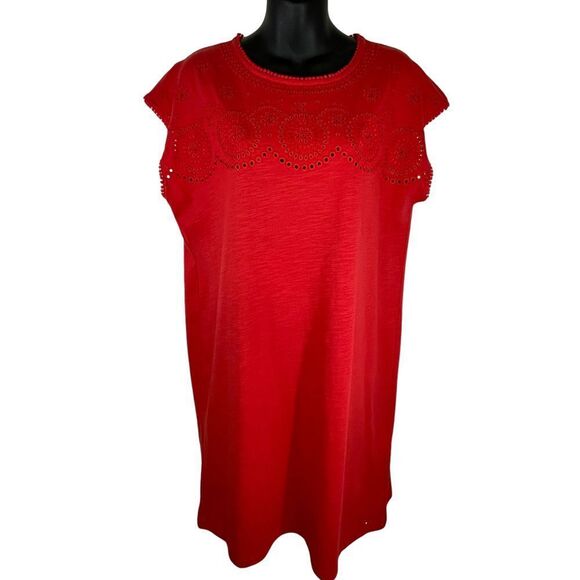 Tommy Hilfiger Red Cotton Eyelet Short Sleeve Mini Dress Size Medium Like New‎ - Picture 1 of 11